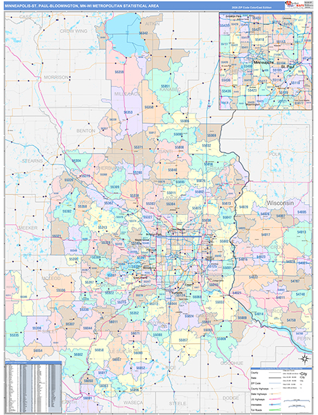 Minneapolis-St. Paul-Bloomington Metro Area Wall Map Color Cast Style